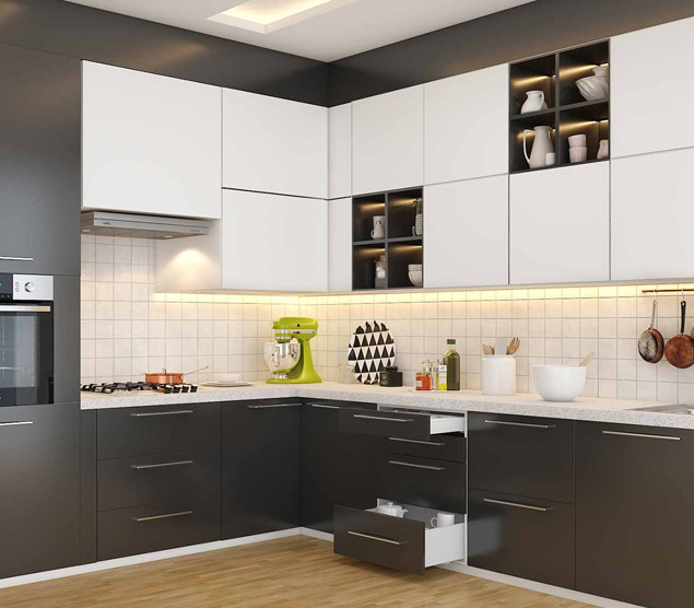 Ella Home Design: L Shape Small Modular Kitchen Design - Neutral Tones